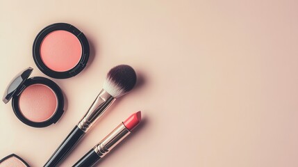 Poster - A simple setup features a lipstick, blush compact, and makeup brushes on a light background, perfect for daily beauty essentials. Generative AI