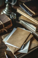 Poster - Stacked books on rustic table, great for academic or vintage theme