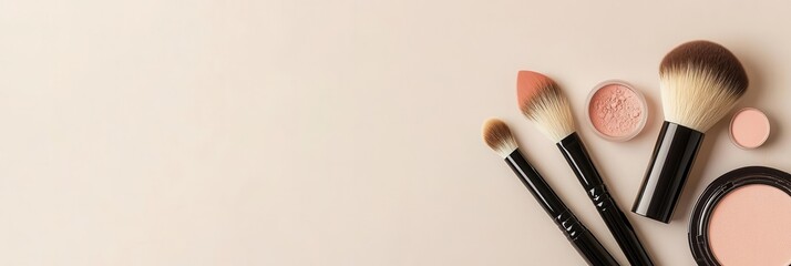 Fototapete - An elegant display of lipstick, makeup brushes, and powder creates a chic aesthetic on a soft light background, perfect for beauty lovers. Generative AI