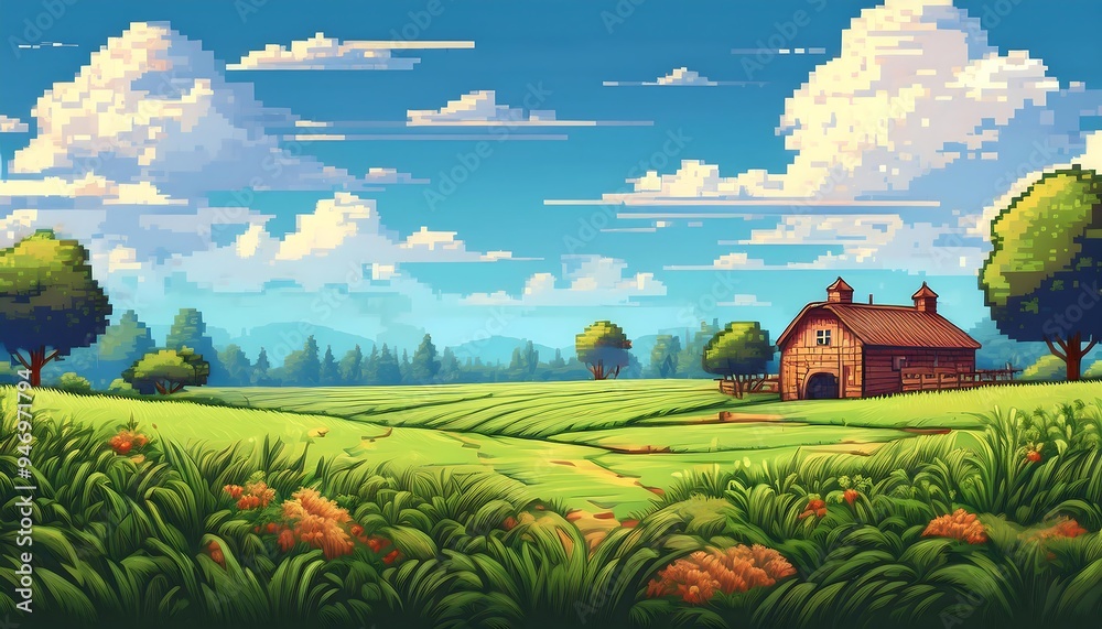 Pixel Art Farm Field - Pixelated game background showcasing a farm ...