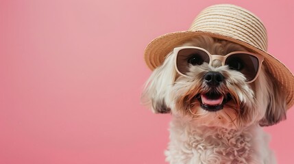 Canvas Print - A cheerful dog wearing sunglasses and a straw hat against a pink background, exuding a fun and playful vibe.