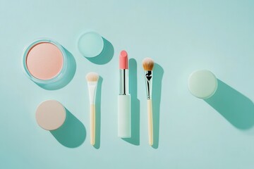 Poster - A stylish collection of cosmetics, including lipsticks, brushes, and powder, elegantly displayed on a soft blue background. Generative AI