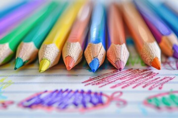 Poster - A collection of colorful pencils lying on a sheet of paper, great for arts and crafts projects or illustration purposes