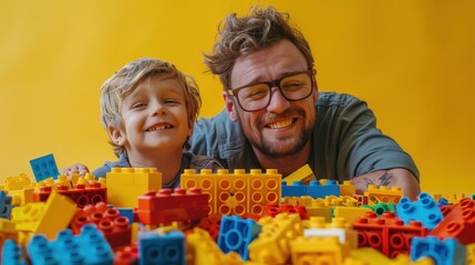 Smiling dad playing with his toddler son at home