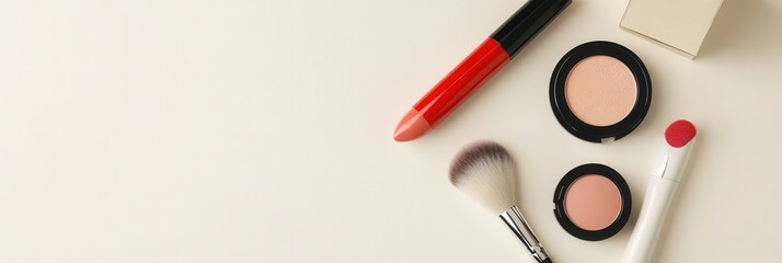 Poster - A neat and organized display of essential cosmetic products like lipstick, makeup brushes, and powder on a soft light background. Generative AI