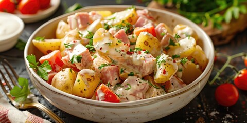 Wall Mural - Potato salad with fresh potatoes ham tomatoes and dressing for a delicious dish