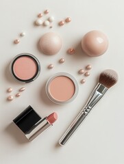 Poster - Cosmetic products are neatly laid out on a light background, featuring lipstick, brushes, and powder for a simple beauty routine. Generative AI