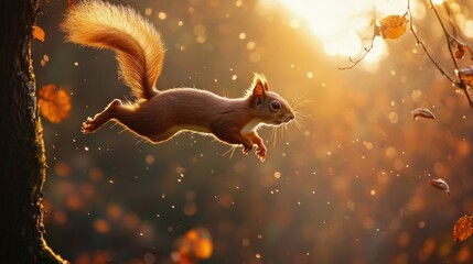 Wall Mural - Red Squirrel Leaping Through Golden Autumn Sunlight