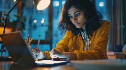 Sticker - A woman sits in front of a laptop computer, focused on her work