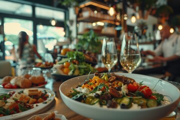 Poster - A table filled with plates of food and glasses of wine, perfect for a dinner party or special occasion