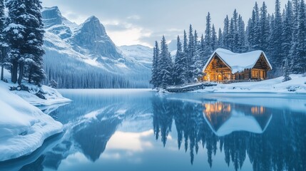 Poster - A cozy cabin by a serene lake surrounded by snow-covered mountains at dawn in a winter landscape