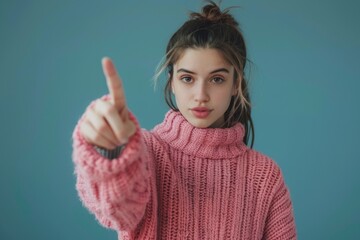 Poster - A woman wearing a pink sweater points at the camera, looking directly at the viewer