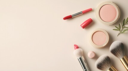 Aufkleber - A minimalist set of cosmetic products sits on a light background, including lipstick, powder, and essential makeup brushes. Generative AI