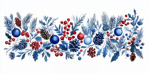 A festive garland featuring a mix of blue pine branches, red berries, and holiday ornaments, creating a vibrant winter holiday arrangement.