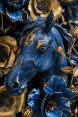 Poster - A statue of a horse is surrounded by flowers in this close-up shot