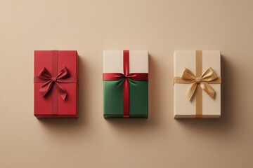Poster - Three minimalist Christmas gift boxes with vibrant ribbons and unique geometric designs to elevate the holiday spirit. Generative AI