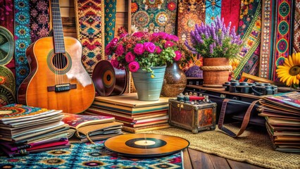 Vibrant vinyl records stacked alongside open music notebooks and guitar picks, surrounded by colorful flowers and bohemian fabric, evoking a carefree creative atmosphere.