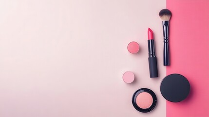 Fototapete - A stylish display features a lipstick, powder, and makeup brushes against a light background, highlighting essential beauty items. Generative AI
