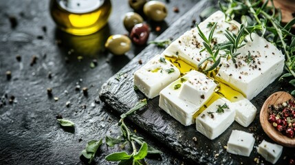 A rustic breakfast setting featuring sliced feta cheese with herbs, olive oil, and a few olives on a stone background, with a close-up on texture and freshness