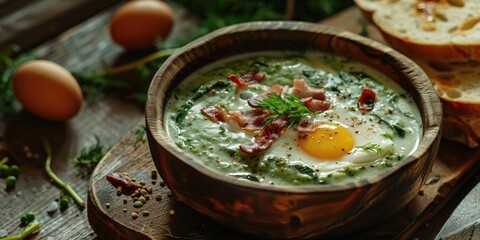 Canvas Print - Creamy sorrel soup with egg and bacon garnish served with bread