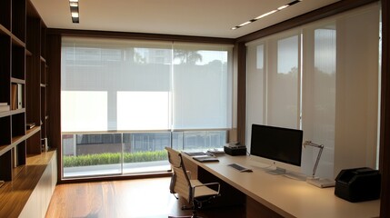 Wall Mural - Modern Home Office with White Blinds and Large Desk