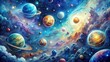 © Four888 - Vibrant watercolor illustration of fantastical celestial worlds, featuring swirling nebulae, shimmering stars, and dreamy planets in soft, ethereal hues against a dark blue background.