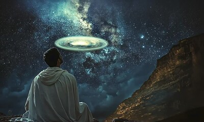 Wall Mural - man gazing at ufo in starry night sky with ai generated.