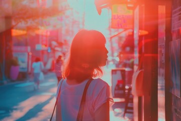 Wall Mural - A woman stands on the side of a street, possibly waiting for something or someone