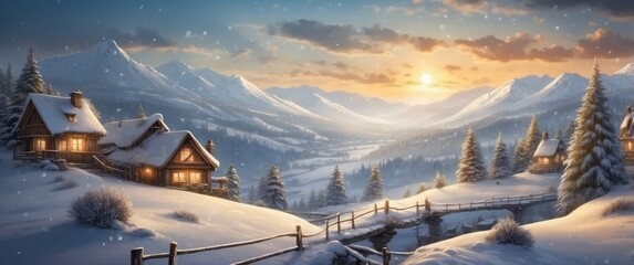 Wall Mural - Snowy Mountain Landscape with Rustic Cabins and a Bridge