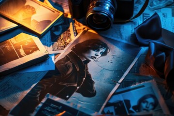 Poster - A camera sitting on a table with several photographs nearby