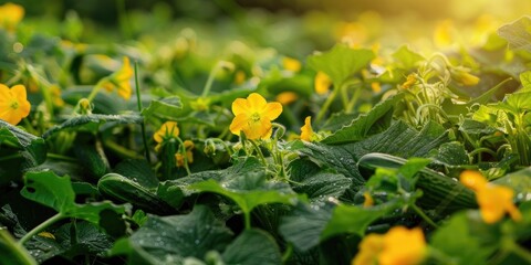 Poster - Harvesting fresh cucumbers with vibrant yellow flowers in the vegetable garden