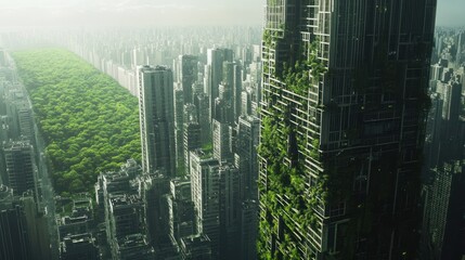 Wall Mural - A Green Cityscape with a Vertical Forest Skyscraper