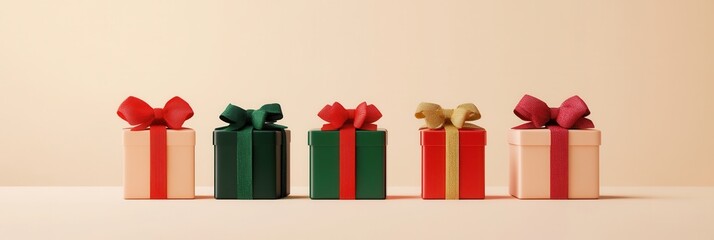 Poster - Elegant Christmas gift boxes in geometric shapes with vibrant ribbons and bows arranged neatly on a simple backdrop. Generative AI