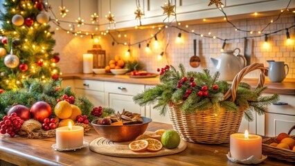 Warmly lit festive kitchen scene featuring a variety of traditional holiday treats, fresh fruits, and spices, amidst evergreen branches and twinkling string lights.