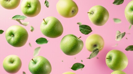 Wall Mural - Flying green apples on pink background, showcasing fruit and vegetables levitating