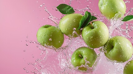 Wall Mural - Flying green apples on pink background, showcasing fruit and vegetables levitating