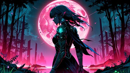 Wall Mural - Cyberpunk Anime Girl Under Pink Moon