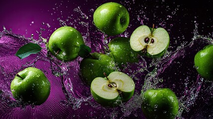 Wall Mural - Flying green apples on magenta background, showcasing fruit and vegetables levitating