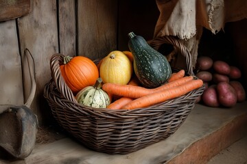 Sticker - A rustic basket filled with colorful pumpkins and fresh carrots resting in a cozy wooden setting during autumn harvest season