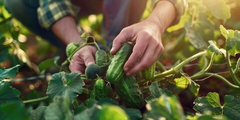 Wall Mural - Close up of a farmer harvesting organic cucumbers in a vegetable garden