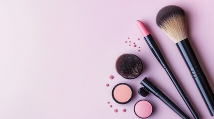 Poster - A stylish display of beauty essentials like lipstick, brushes, and powder arranged neatly on a light pink background. Generative AI