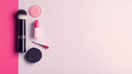 Aufkleber - An elegant display features lipstick, makeup brushes, and powder set against a light backdrop, emphasizing beauty essentials for daily use. Generative AI