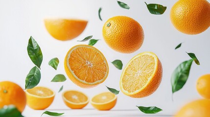 Wall Mural - Flying oranges in white background, showcasing fruit levitating