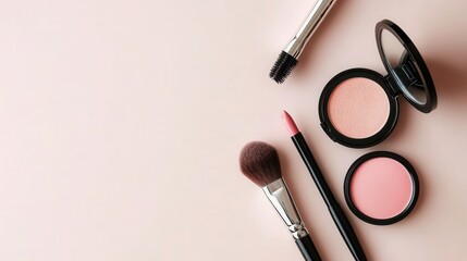 Poster - A delicate arrangement showcases a lipstick, makeup brushes, and powder on a soft light background, perfect for beauty enthusiasts. Generative AI