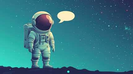 Poster - Cute Astronaut is standing on a rocky surface with bubble speech.