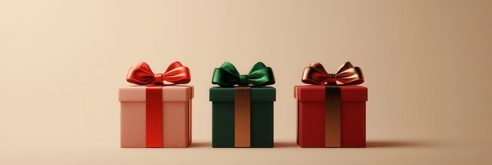 Fototapete - Geometric-shaped Christmas gift boxes feature vibrant ribbons and bows, adding a modern touch to holiday decorations and gift-giving. Generative AI