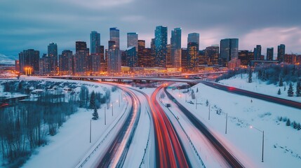 Poster - Winter twilight view of a bustling city skyline with snowy foreground and illuminated highways during dusk