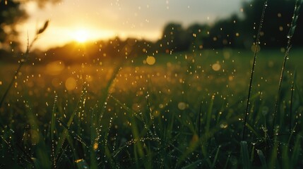 Poster - A peaceful scene of a field with tall grass and water droplets on the surface, captured during a beautiful sunset