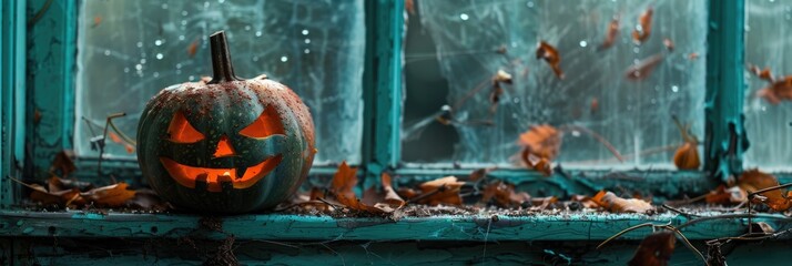 Canvas Print - Halloween Pumpkin Lantern on a Green Window Sill