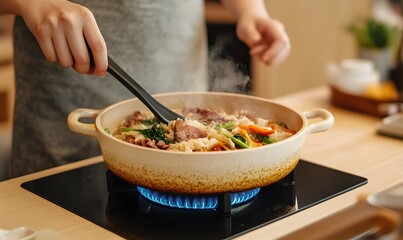 Wall Mural - A person is cooking on an electric stove using the perfect clay pot, Generative AI